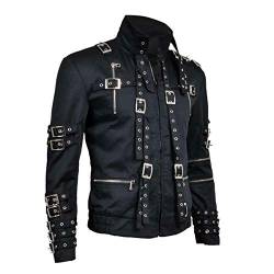 Aksah Fashion Herren Michael MJ King of Pop Bad Concert Tour Schwarz Biker Baumwolljacke mit Gürtel Kostüm, Jacke, XS von Aksah Fashion