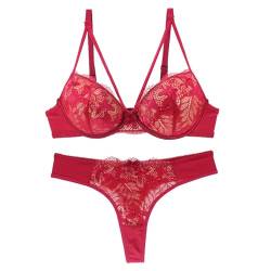 ALDOLA Damen Unterwäsche Push Up BH mit Bügel Rot Push Up Damen Bügel BH Set Spitze BH und Slip Bra Panty Lingerie Unterwäsche mit Hakenverschluss und Verstellbare Träger（Größe:75A von ALDOLA