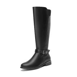 ALLOT Damen Chunky Low Heel Kniehohe Stiefel Seite Reißverschluss Schnalle Riemen Mode Reitstiefel Runde Zehe Bequeme Warme Winterstiefel, Schwarz (Black Pu), 40.5 EU von ALLOT