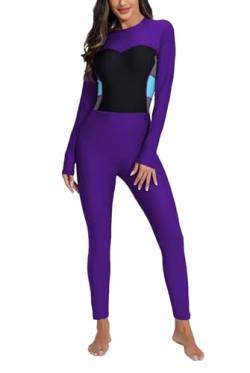 ALLTOKE Damen Ganzkörper-Badeanzug mit BH, einteilig, lange Ärmel, lange Hose, Reißverschluss hinten, Rashguard, LSF 50, schnell trocknende Badebekleidung, Violett (Reißverschluss hinten), XX-Large von ALLTOKE