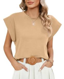 Tshirt Damen Sommer Elegant T-Shirt Kurzarm Oberteile Rundhals Basic Leichte Tops Bluse Aprikose S von ALSOGO