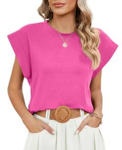 Tshirt Damen Sommer Elegant T-Shirt Kurzarm Oberteile Rundhals Basic Leichte Tops Bluse Rosa XL von ALSOGO