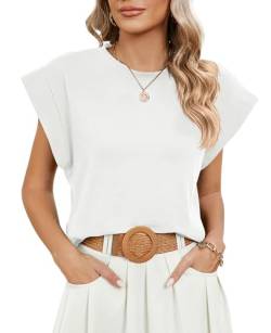 Tshirt Damen Sommer Elegant T-Shirt Kurzarm Oberteile Rundhals Basic Leichte Tops Bluse Weiß M von ALSOGO