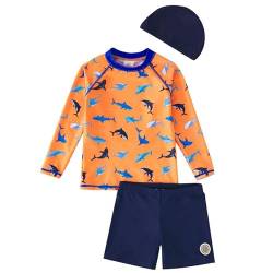 Jungen Kinder Badeanzug Bademode Schwimmkleidung Langarm UV-Schutz Hai Bade-Set T-Shirt Badeshorts Surfanzug mit Badekappe Blau 116/122 von ALUCIC