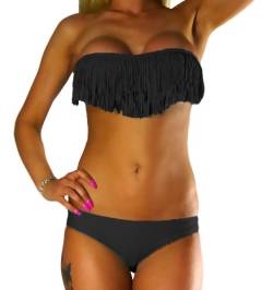 ALZORA Bikini Damen Tassel Fringe Push Up Set Top und Hose, 10200 (M, Schwarz) von ALZORA