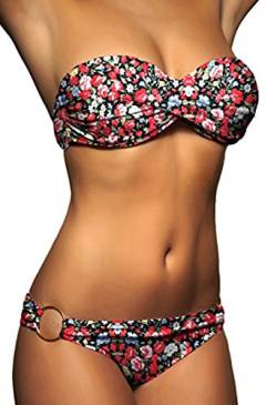 ALZORA Push Up Front Twist Bikini in SCHWARZ ROT BALU Blumen Bandeau Top Set Damen Pushup Badeanzug, 20086 (L) von ALZORA