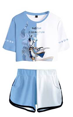 AMOMA Damen Mädchen Cosplay Spiel Genshin Impact Crop Top T-Shirt und Shorts Trainingsanzug Zweiteilige Sets Streetwear(M,Chongyun-Lightblue) von AMOMA