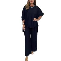 AMOUSD Satin-Anzug mit Rundhalsausschnitt, Lässiger Damen-Sommer-Satin-2-teiliges Outfit Übergröße Langes Oberteil Weites Bein Hosenanzug Lounge-Set (Navy,M) von AMOUSD