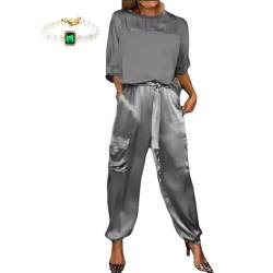 AMOUSD Sommer Damen Cool Satin Casual 2-teiliger Anzug Smooth Satin Halbarm Oberteil und Hose Set Zweiteilige Hosen Set für Frauen Ausgehen, grau, 54 von AMOUSD