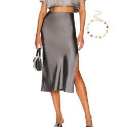 Damen-Satinrock mit Schlitz Elastisch Hohe Taille Satin-Maxirock Elegant Lässig für Party Hochzeit Seide Midi-Röcke für Damen (S.,Grey) von AMOUSD