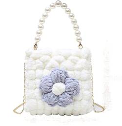 AMULONG Sommer Strandtasche Damen Blumen-Ball-Strick-Schultertasche-Frauen-beiläufige Perlen-Ketten-Crossbody-Beutel-Herbst-Winter-Hit-Farben-Geldbeutel Stroh Handtasche Geflochten(White) von AMULONG