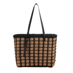 AMULONG Sommer Strandtasche Damen Große Strohtasche Damen Strohtasche Strohtasche Strand Handgefertigt Stroh Handtasche Geflochten(Black Beige) von AMULONG