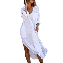 AMhomely Sommer-Strandkleider für Damen, Baumwolle, Leinen, Kleid, Kaftans, Maxikleider, gerollte lange Ärmel, legere Kleider, elegante Party, geteilte Kleider, solide gesmokte Kleider, 01 weiß, von AMhomely