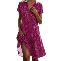 AMhomely Sommerkleid für Damen, kurzärmelig, Midi-Kleid, elegant, für Party, Freizeit, Urlaub, gepunktet, A-Linie, fließendes Strandkleid, lockeres Boho-Kleid, knielang, 01 Hot Pink, M von AMhomely