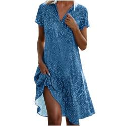 AMhomely Sommerkleid für Damen, kurzärmelig, Midi-Kleid, elegant, für Party, Freizeit, Urlaub, gepunktet, A-Linie, fließendes Strandkleid, lockeres Boho-Kleid, knielang, 01 blau, 3XL von AMhomely