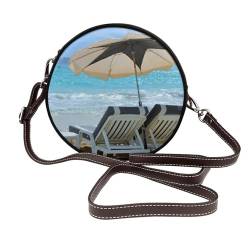 ANABPRMA Schultertasche aus Leder mit Schmetterlingen auf schwarzem Hintergrund, runde Umhängetasche für Damen, vielseitige Umhängetasche mit verstellbarem Riemen, White Beach Tropical Sea, von ANABPRMA