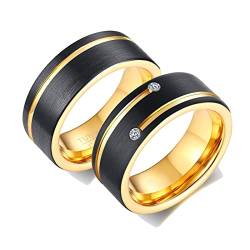 ANAZOZ 2 Stück Eheringe Paarpreis Wolfram 8mm Gebürstet Breit mit Zirkonia Damenring Herren Ring Partnerringe Paarringe Schwarz Gold Frau:54 (17.2) & Mann:57 (18.1) von ANAZOZ