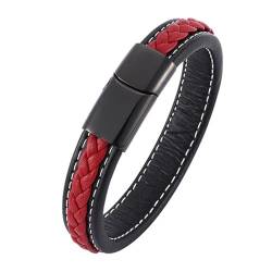 ANAZOZ Armband Damen Leder Schwarz Rot, Armbänder Leder Herren Breit 12mm Lederarmband 18,5cm mit Verschluss aus Edelstahl von ANAZOZ