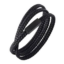 ANAZOZ Herren Armband Leder, Lederarmband Damen Schwarz Breit 7mm Wickelarmband Weben 17,5cm mit Verschluss aus Edelstahl von ANAZOZ