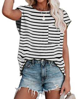 ANCAPELION Damen Casual T-Shirt Kurzarm Sommer Tops Lose Oberteile Rundhals Basic Bluse mit Tasche Streifen-Weiß XL von ANCAPELION