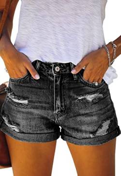 ANCAPELION Damen Denim Shorts Mittlere Taille Crimpen Hotpants Ripped Jeansshorts für Sommer C-Schwarz S von ANCAPELION