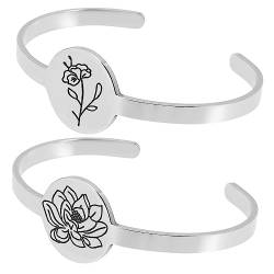 ANDRESLAD 2st Monat Blumenarmband Charm-armbänder Für Damen Öffnen Armband Schmuck Damen Handgelenkkette Armbänder Für Frauen Floraler Armreif Bettelarmband Splitter Silver Rostfreier Stahl von ANDRESLAD