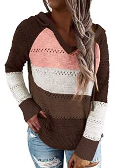 ANFTFH Damen Pullover Oberteile Sweater Farbe Block Langarm Jumper V-Ausschnitt Kapuzenpullover Brown L von ANFTFH