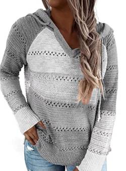 ANFTFH Leichte Kapuzenpullover Damen Hoodies Hollow Out Sweater V-Ausschnitt Kordelzug Pullover Langarm Tops Grau XXL von ANFTFH