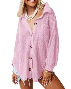 ANGGREK Damen Lässig Taste Runter Hemden Waffel Stricken Shacket Jacke Lang Ärmel Elegant Blusen Oberteile(1-Rosa,X-Large) von ANGGREK