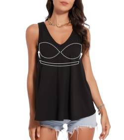 ANYFITTING Damen Sommer Top mit Integriertem BH V-Ausschnitt Tank Top mit BH Oberteil mit BH Integriert Unterhemd BH Hemd Loose Basic Camisole Tops L Schwarz von ANYFITTING