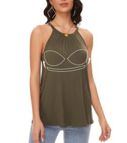 ANYFITTING Damen Tank Top mit Integriertem BH Ärmellose Neckholder Tops Damen Unterhemd BH Hemd Loose Tops BH Top Damen mit Cups Olivgrün L von ANYFITTING