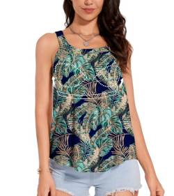 ANYFITTING Damen Tank Top mit Integriertem BH Ärmellose Rundhalsausschnitt Shirt mit BH Oberteil mit BH Integriert Hemdchen Unterhemd BH Hemd Loose Tops Marineblau Blatt M von ANYFITTING