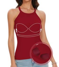 ANYFITTING Tank Top mit Integriertem BH Oberteile Rundhalsausschnitt Tank Top ärmelloses Shirt Frauen Unterhemden BH Hemden für Damen Rotwein L von ANYFITTING