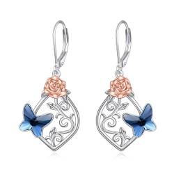 AOBOCO Schmetterling Ohrringe Damen 925 Sterling Silber Rose Blume filigran Leverback Baumeln Tropfen Ohrringe mit Kristall Schmuck Geburtstag Geschenke für Frauen Mädchen von AOBOCO