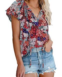 AOISAGULA Damen Chiffon Bluse V-Ausschnitt Top Kurzarm Sommer Oberteil Floral Print Shirts Locker Tee with Band NRot Blume S von AOISAGULA