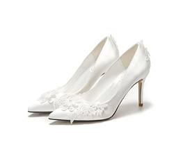 Damen Pumps Spitze Zehen Seide wie Satin Spitze Blumen High Heels Mode Party Brautschuhe Hochzeitsschuhe,White 7cm,39 EU von AORUIDA