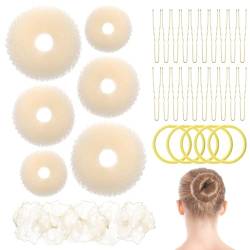 AOZUO Donut Hair Haardonut Maker Set, 6 Stück Haar Donut Dutt Maker 5 Stück unsichtbare Haarnetze 5 Stück Haar Gummibänder 20 Stück U förmige Haarklammern für Kinder Mädchen Frauen von AOZUO