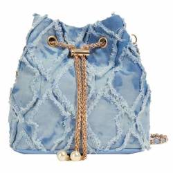 Denim -Taschen für Frauen, verstellbare Jeans -Eimer -Taschen, Gesteppte Distressed Rand -Schulter-/Crossbody -Jean -Geldbörse mit Kordelkordel für Sommer -Modesbeutel von AOpghY