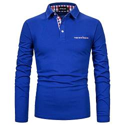 APAELEA Poloshirt Herren Baumwolle Langarm Golf T-shirt mit Klassische Karierte Knopfleiste,Blau,XL von APAELEA