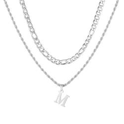 APMGONT Herren Initial Halskette, Edelstahl Silber Figaro Kette Twist Seil Link Kette mit A-Z Letter Kette Halskette für Männer Papa Freund Geburtstag Vatertag Geschenk (Silber M) von APMGONT