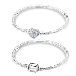 APMGONT Herz Snake Charm-Armband, Silber Armband für Charms, Silber Schlangen Armband, Schlangen Gliederarmband, 2 Stück Armbänder mit Herz Verschluss, 17/18/19CM (Silber, 18) von APMGONT