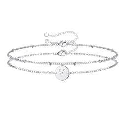 APMGONT Layered Damen Silber Initial Armband, Edelstahl Mehrlagige Charm Armband mit Gravur Buchstaben, Personalisierte A-Z Buchstaben Armband Geschenk für Frauen Mädchen (V) von APMGONT