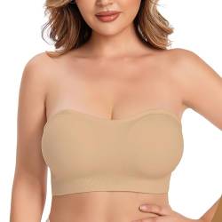 Trägerloser BH Push Up Gepolstert Bandeau BH ohne Träger Bandeau Top Damen Bralette mit Rutschfester Silikon Transparente Träger Soft Seamless Strapless Bra ohne Bügel L beige von APOMOONS