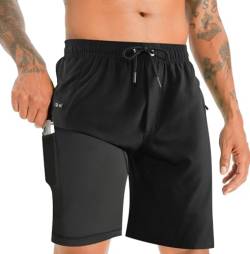 APTRO Badehose Herren Badeshorts Lang mit Kompression Liner 2 in 1 Schwimmhose Board Shorts mit Reißverschlusstasche Atmungsaktiv Schnelltrocknend Sporthose Schwarz MK287 XXL von APTRO