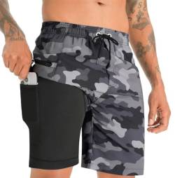 APTRO Herren Badehose Lang mit Kompression Liner Schnelltrocknend Badeshorts Schwimmhose 2 in 1 Badehosen mit Reißverschlusstasche Innenhose Surfen Strandhose Camo Grau MK284 L von APTRO