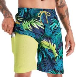 APTRO Herren Badehose Lang mit Kompression Liner Schnelltrocknend Badeshorts Schwimmhose 2 in 1 Badehosen mit Reißverschlusstasche Innenhose Surfen Strandhose Grüne Blätter MK280 S von APTRO