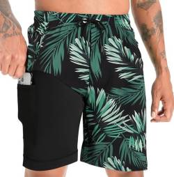 APTRO Herren Badehose Lang mit Kompression Liner Schnelltrocknend Badeshorts Schwimmhose 2 in 1 Badehosen mit Reißverschlusstasche Innenhose Surfen Strandhose Palm Grün MK354 S von APTRO