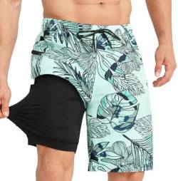 APTRO Herren Badehose Lang mit Kompression Liner Schnelltrocknend Badeshorts Schwimmhose 2 in 1 Badehosen mit Reißverschlusstasche Innenhose Surfen Strandhose Palmblatt Grün MK375 L von APTRO