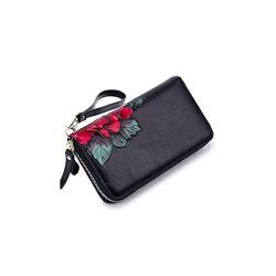 AQQWWER Geldbörsen für Damen Mode Rose Brieftasche Damen Lange Echtes Leder Kupplung Geldbörse Schmetterling Blume Muster Handtasche Reißverschluss Brieftaschen Rindsleder von AQQWWER