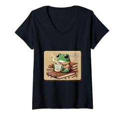 Damen Kaffee und süßer Frosch T-Shirt mit V-Ausschnitt von AR Design